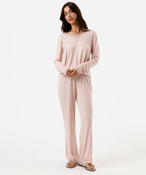 pijama longo feminino de viscose com nécessaire  rosa