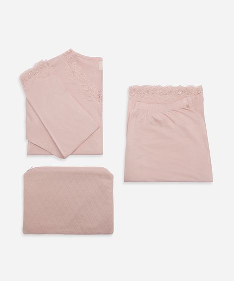 pijama longo feminino de viscose com nécessaire  rosa