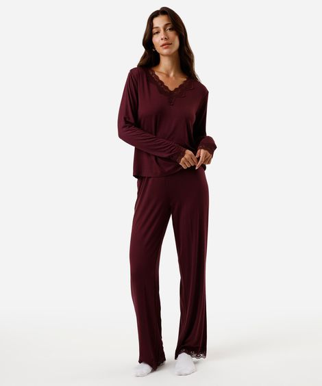 pijama longo feminino de viscose com nécessaire vinho