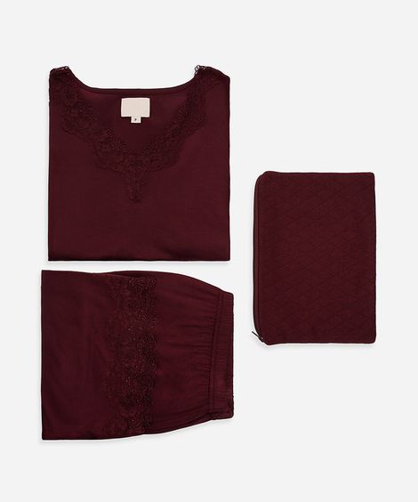 pijama longo feminino de viscose com nécessaire vinho