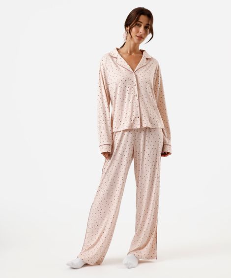 pijama longo americano poá com scrunchie rosa