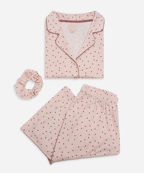 pijama longo americano poá com scrunchie rosa