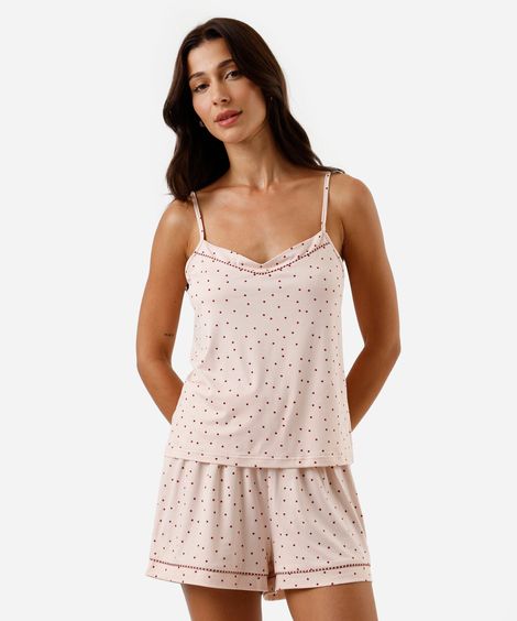 pijama short doll feminino poá com schunchie rosa