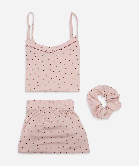 pijama short doll feminino poá com schunchie rosa