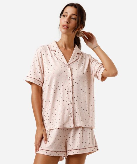 pijama americano curto feminino poá com scrunchie rosa