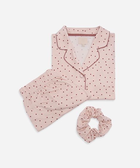 pijama americano curto feminino poá com scrunchie rosa