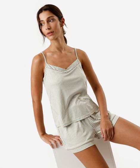 pijama short doll feminino listrado com scrunchie verde