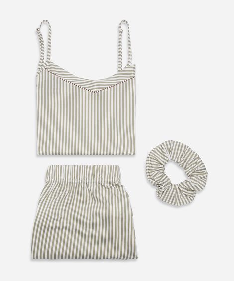 pijama short doll feminino listrado com scrunchie verde