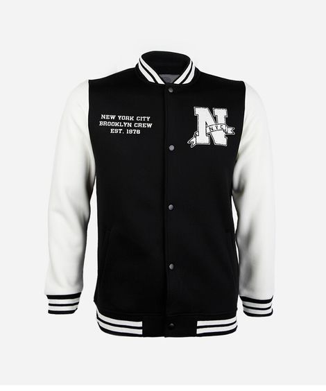 jaqueta bomber college juvenil de moletom com bordado preta