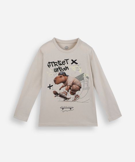 camiseta infantil de algodão manga longa estampada bege