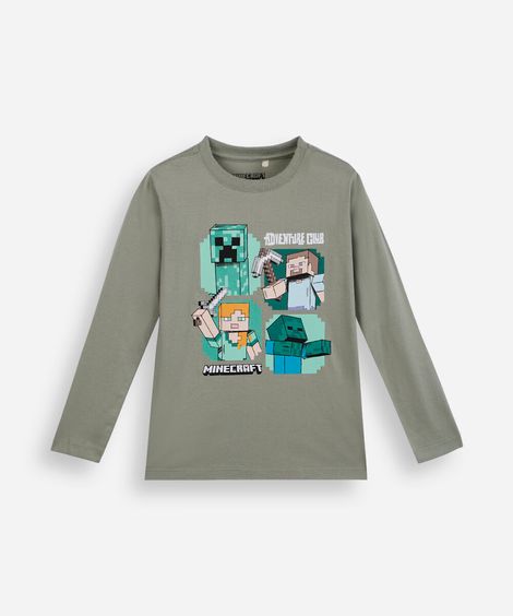 camiseta infantil de algodão manga longa minecraft verde