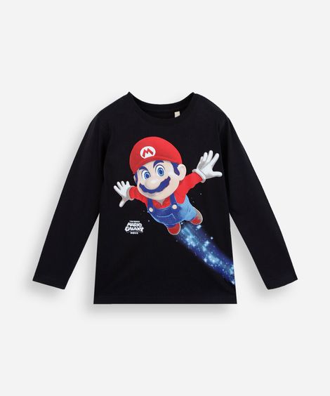 camiseta infantil de algodão manga longa mario bros preta
