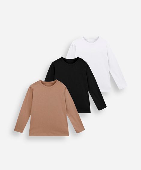 kit de 3 camisetas infantil de algodão manga longa colorido