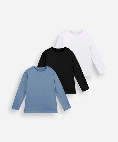 kit de 3 camisetas infantil de algodão manga longa colorido