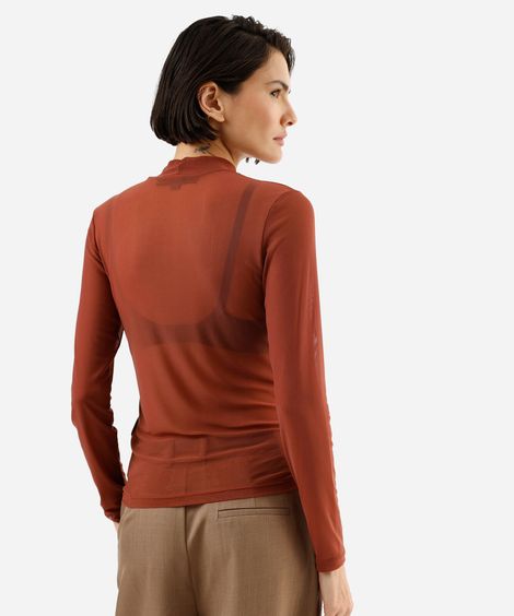 blusa feminina de tule gola alta manga longa marrom
