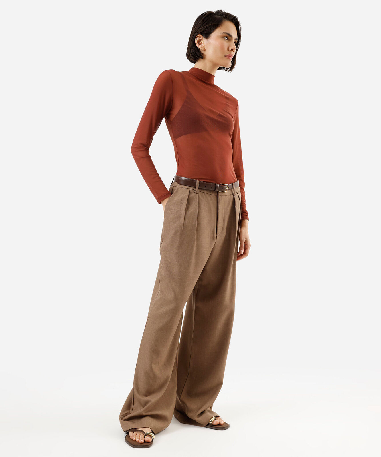 blusa feminina de tule gola alta manga longa marrom