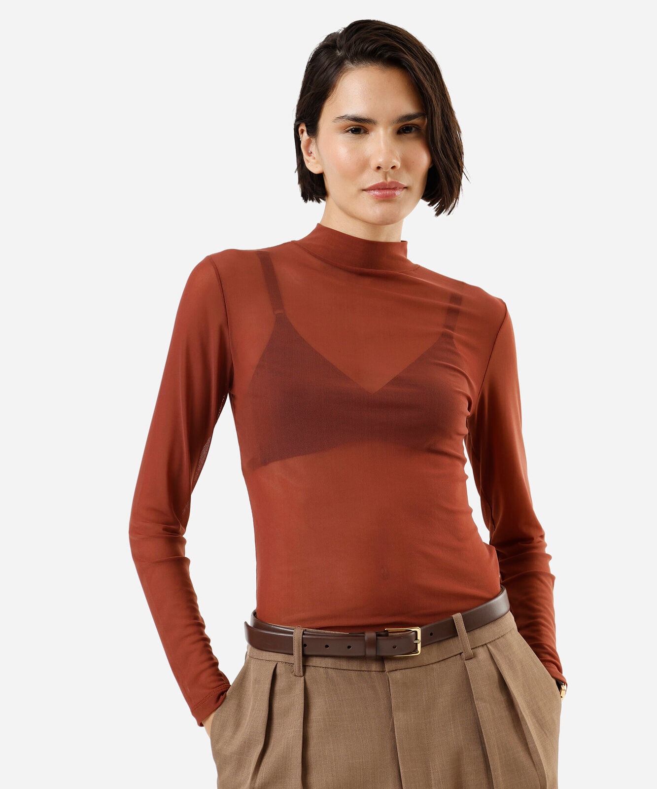 blusa feminina de tule gola alta manga longa marrom
