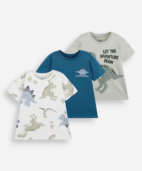 kit de 3 camisetas infantil de algodão manga curta dino colorido
