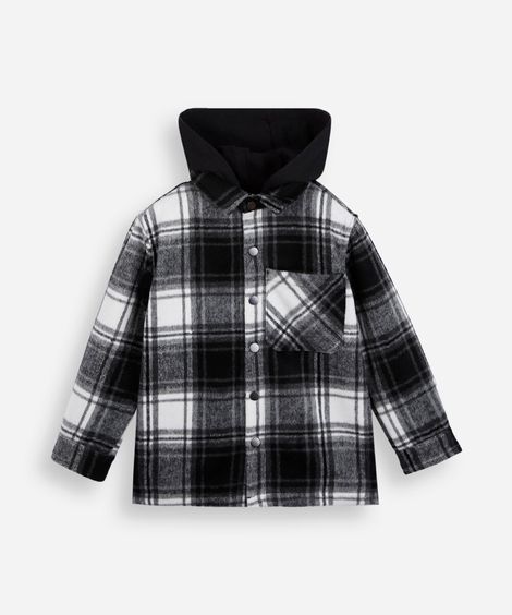 jaqueta infantil com capuz xadrez cinza