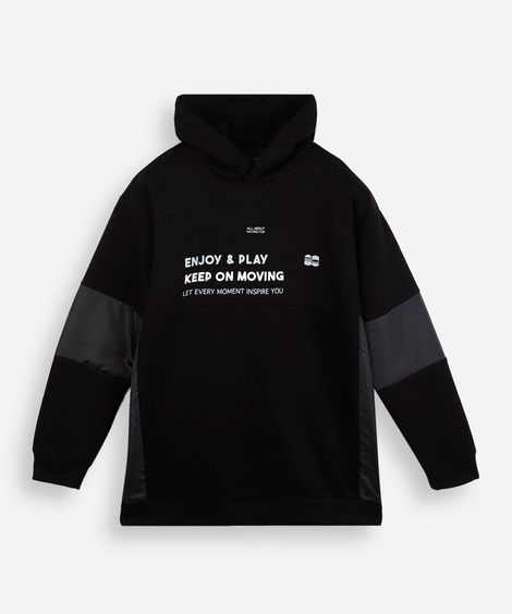 blusão juvenil de moletom com capuz e recortes estampado preto