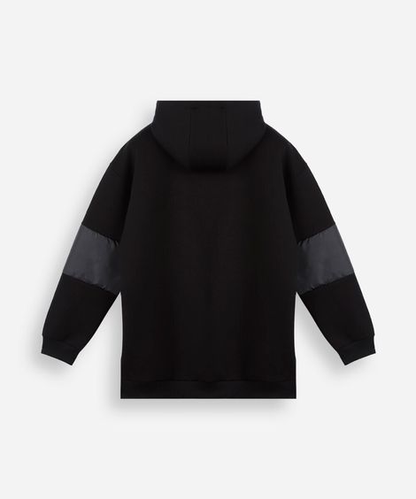 blusão juvenil de moletom com capuz e recortes estampado preto