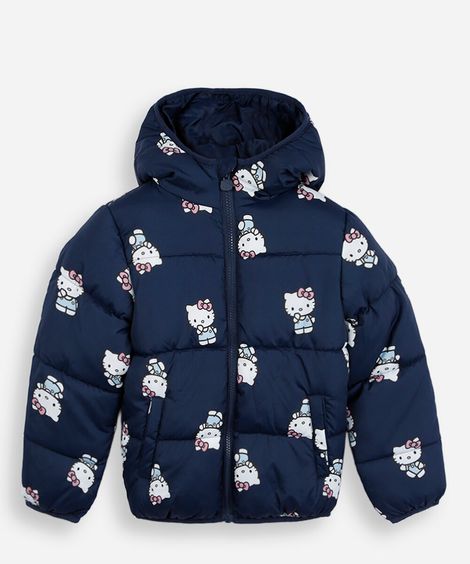jaqueta puffer infantil com capuz hello kitty azul