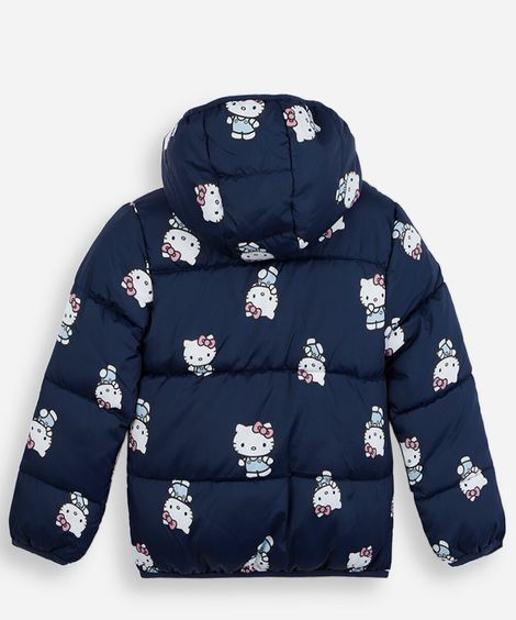 jaqueta puffer infantil com capuz hello kitty azul
