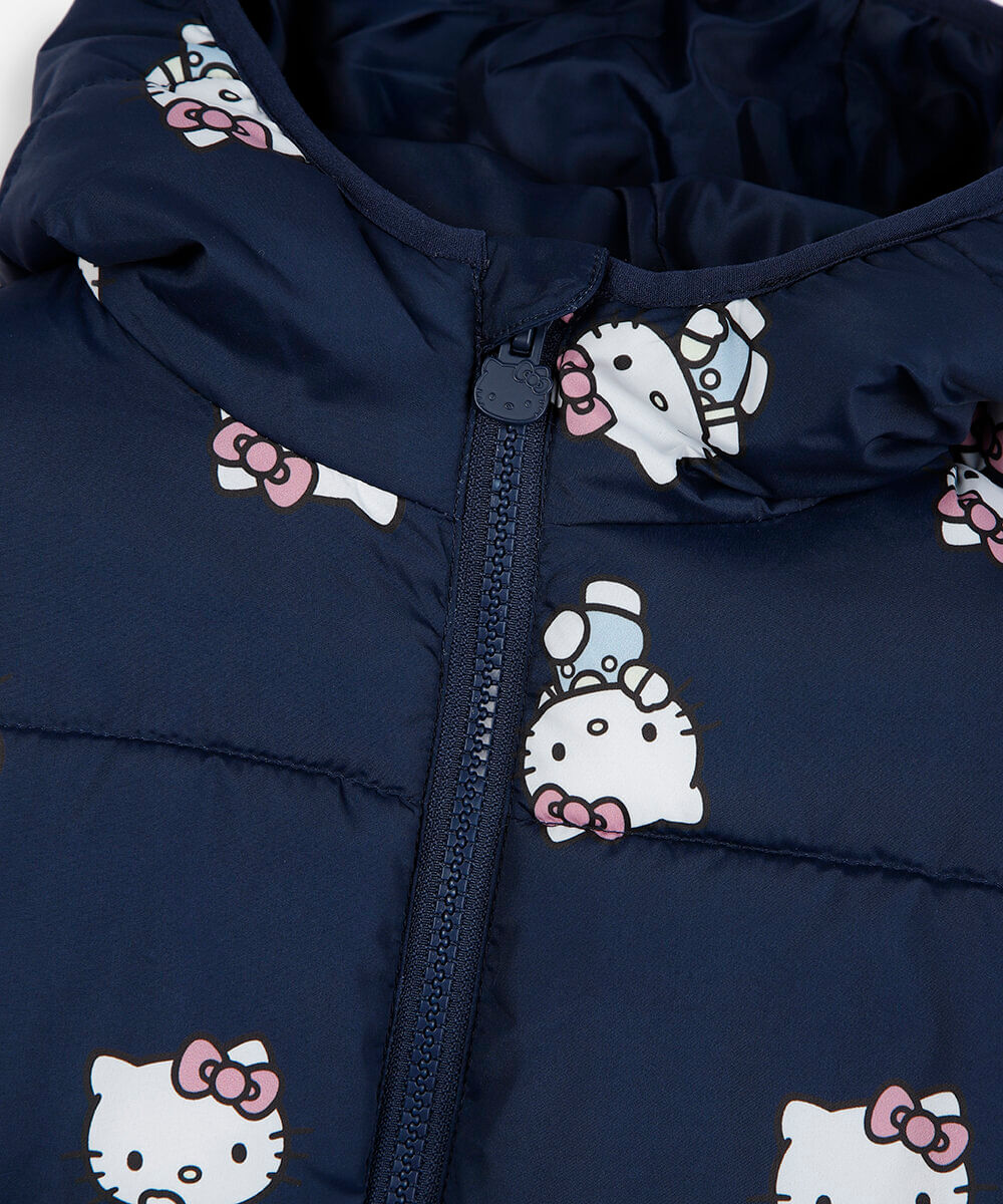 jaqueta puffer infantil com capuz hello kitty azul