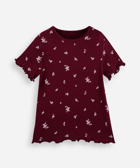 blusa infantil de algodão manga curta floral vinho