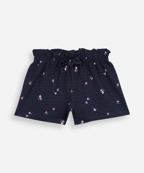 short infantil de algodão cós elástico floral azul