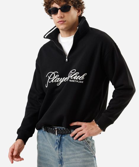 blusão masculino de moletom felpado com gola bordado preto