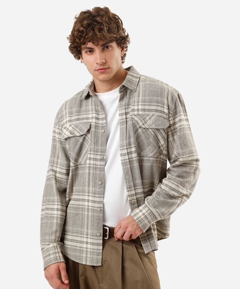 camisa masculina de algodão manga longa xadrez cinza