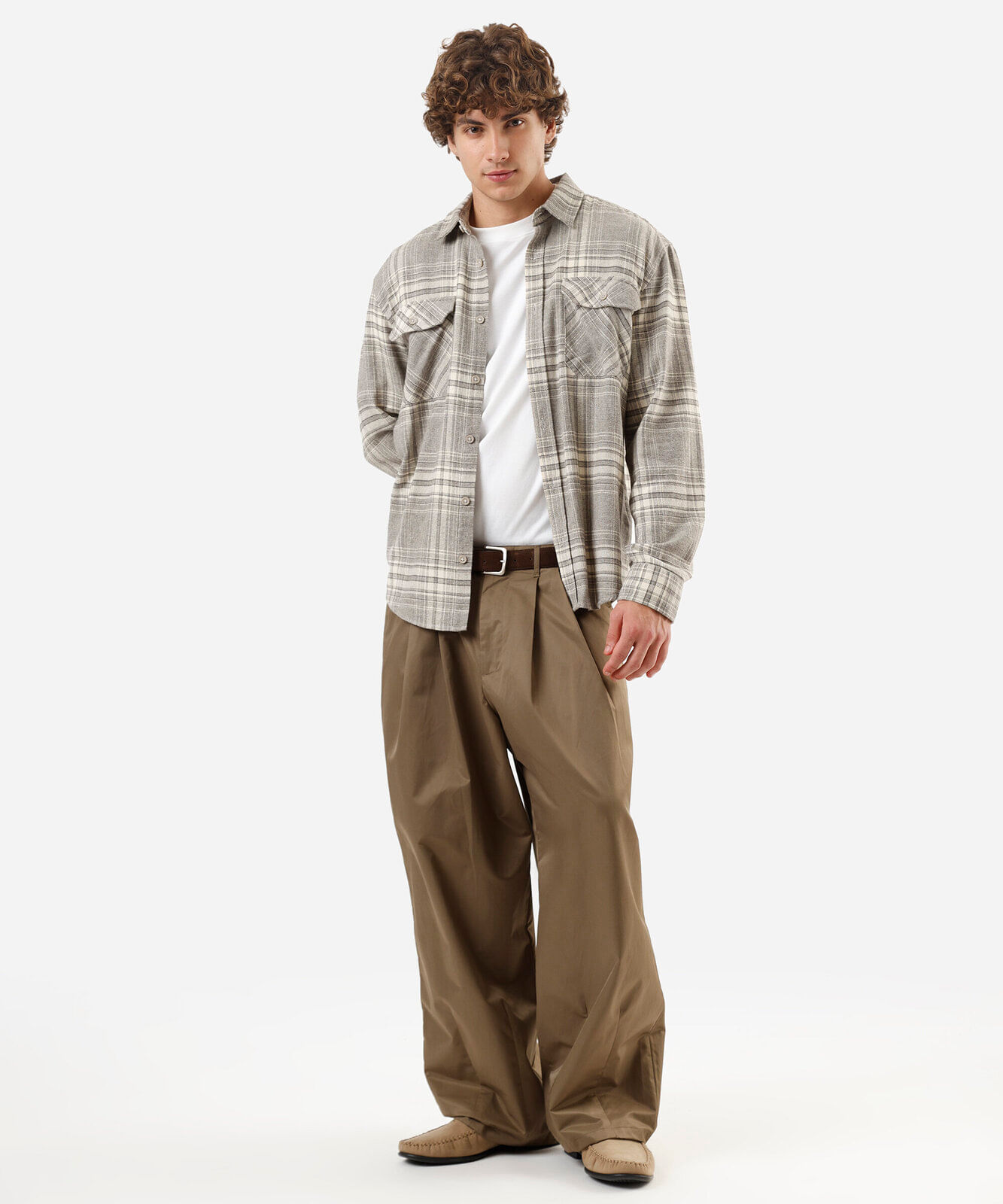 camisa masculina de algodão manga longa xadrez cinza