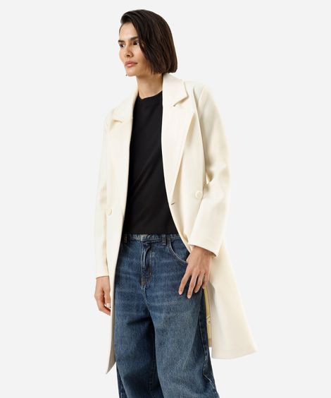 casaco trench coat feminino com faixa texturizado bege