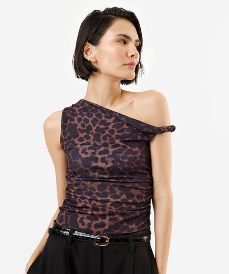 blusa feminina assimétrica franzida animal print marrom