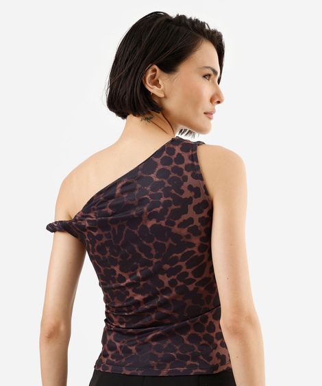 blusa feminina assimétrica franzida animal print marrom