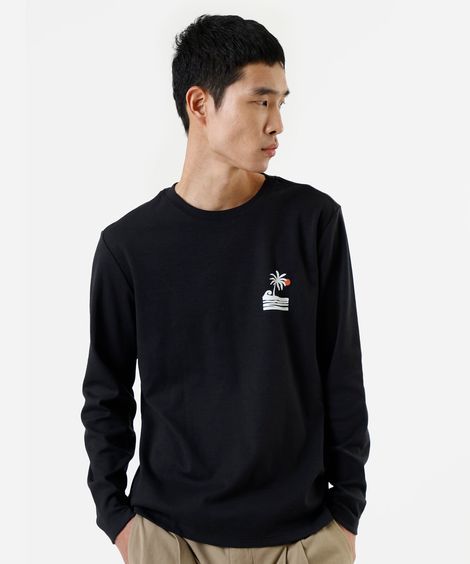 camiseta masculina com algodão manga longa estampada preta