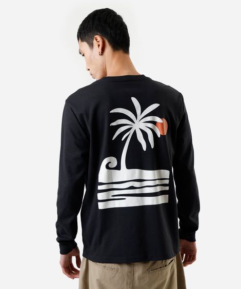 camiseta masculina com algodão manga longa estampada preta