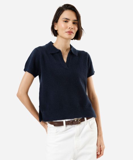 polo feminina de tricot manga curta com fendas azul
