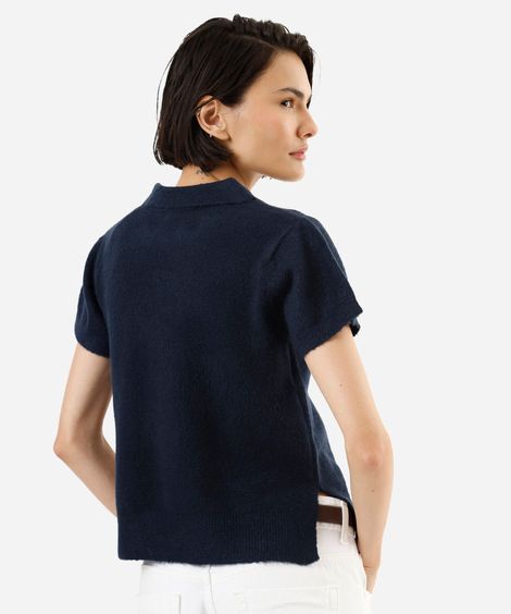 polo feminina de tricot manga curta com fendas azul