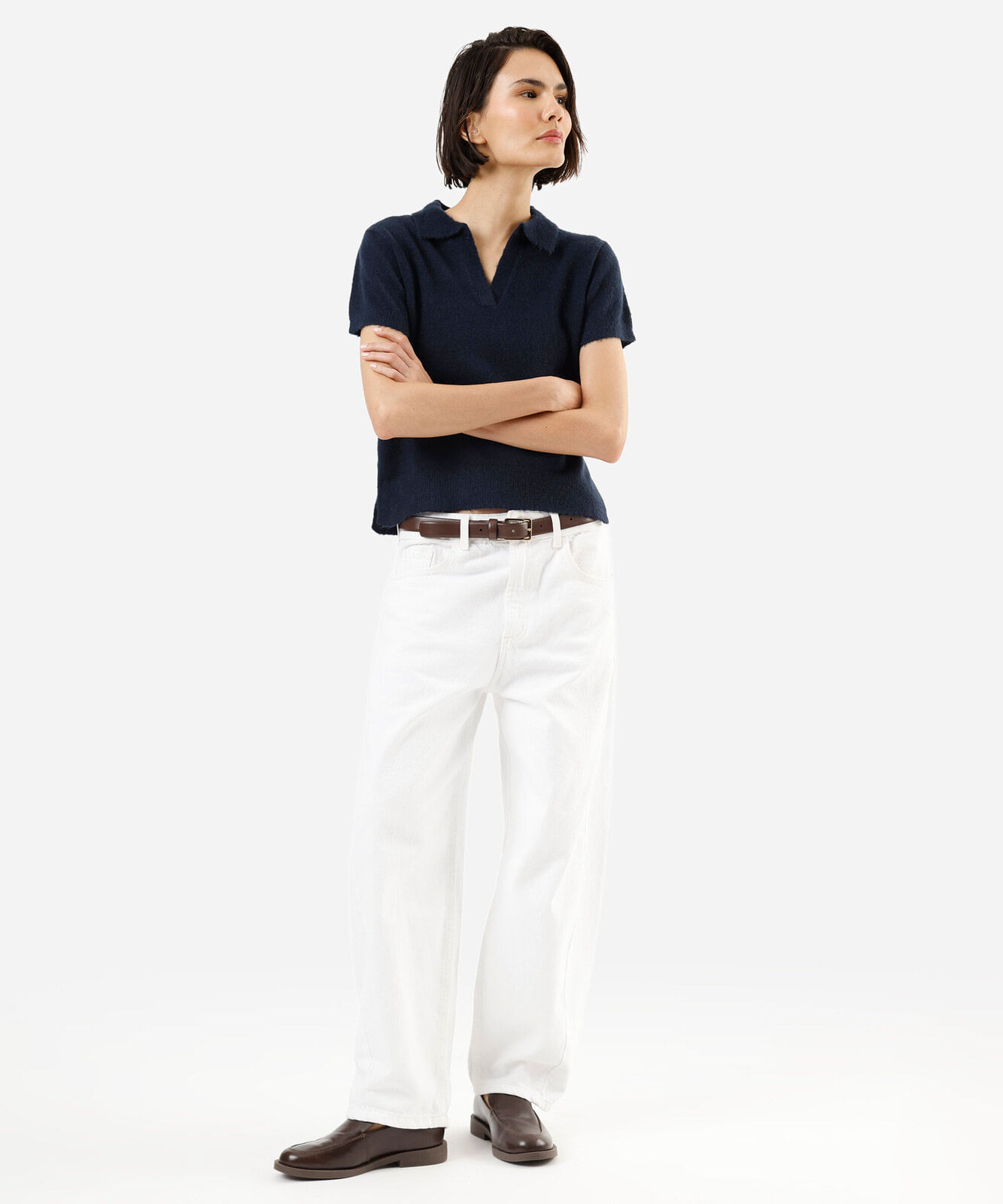 polo feminina de tricot manga curta com fendas azul