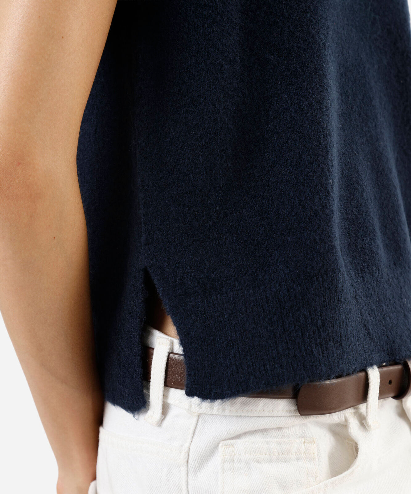 polo feminina de tricot manga curta com fendas azul