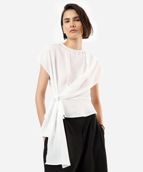 blusa feminina manga curta com amarração off white