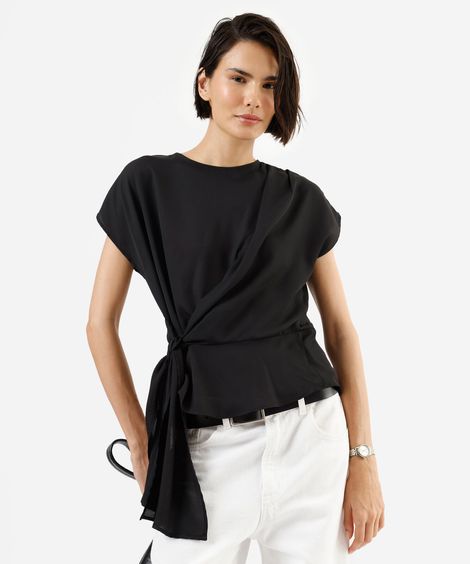 blusa feminina manga curta com amarração preta