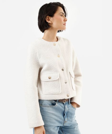 jaqueta feminina com bolsos texturizada bege