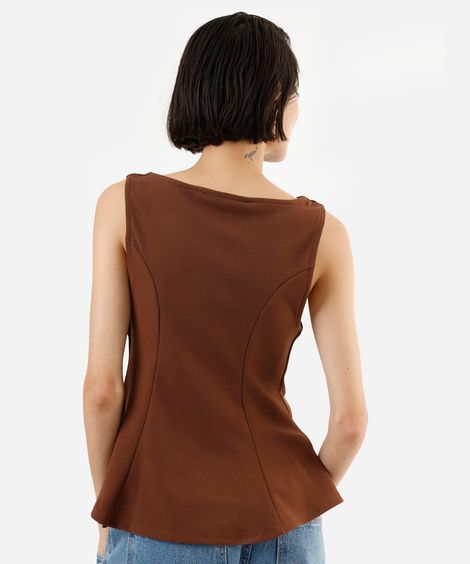 regata peplum feminina decote canoa com recortes marrom