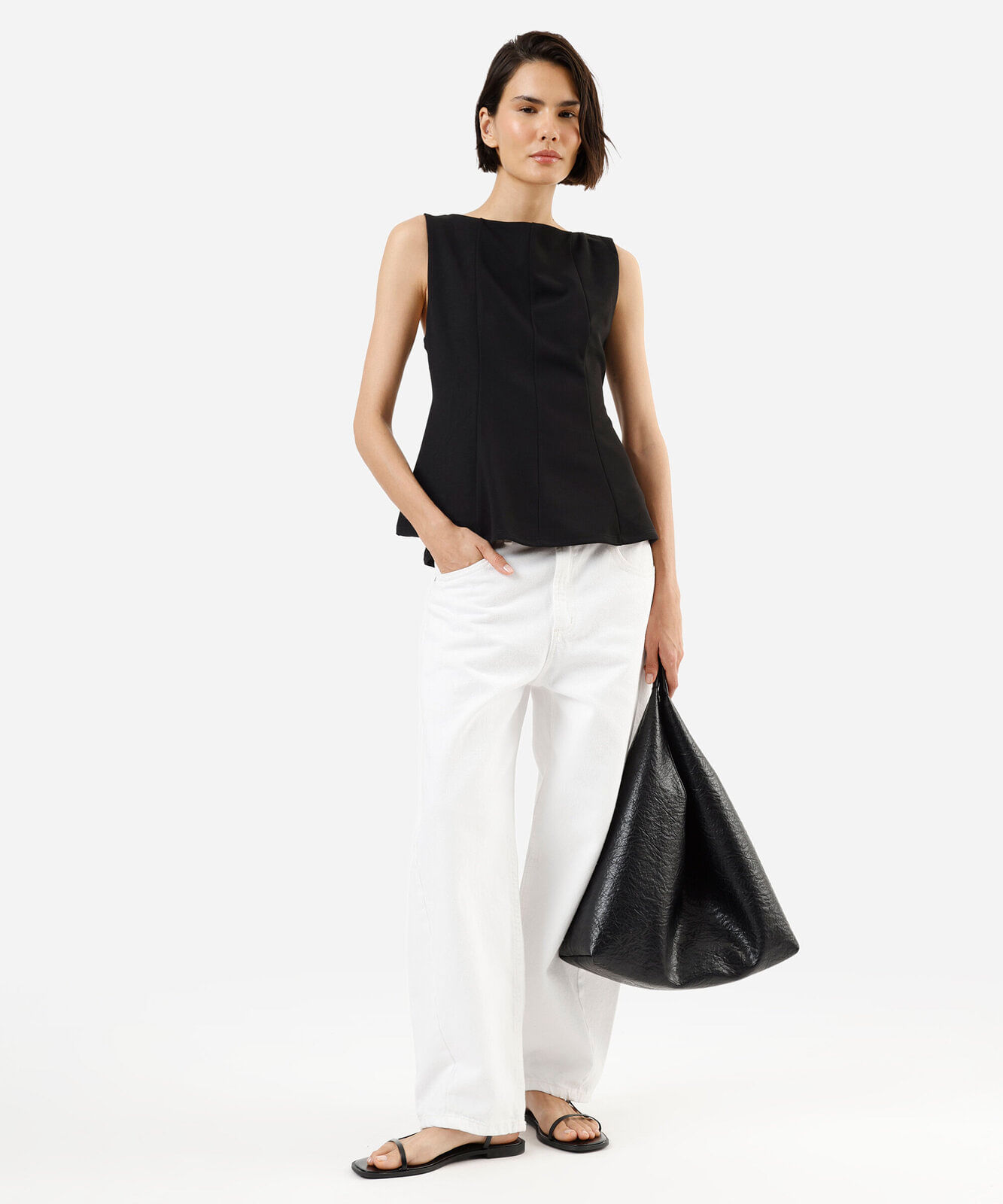 regata peplum feminina decote canoa com recortes preta