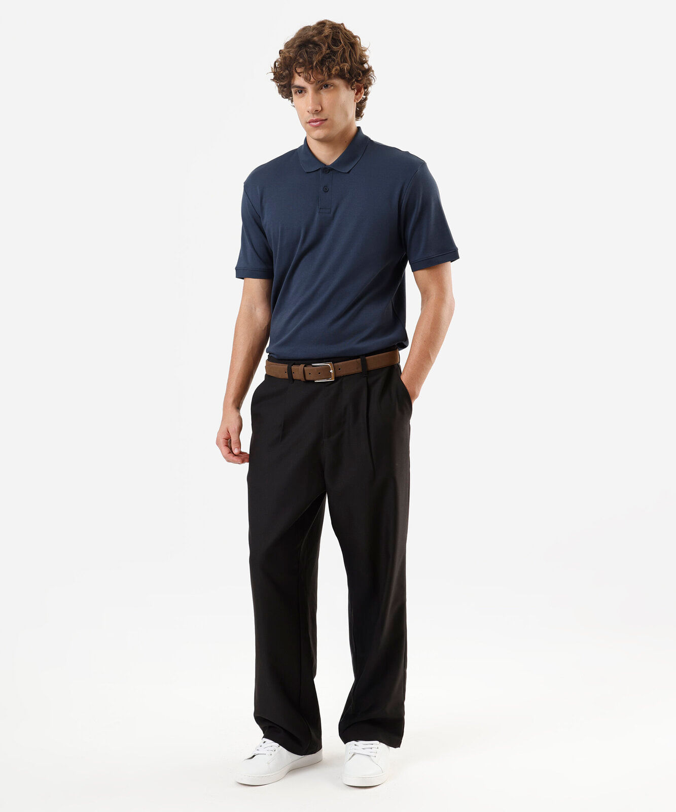 polo masculina de algodão peruano manga curta azul