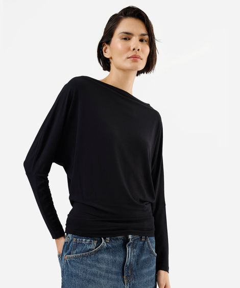 blusa feminina de viscose manga longa decote canoa  preta