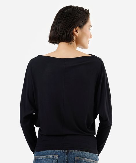 blusa feminina de viscose manga longa decote canoa  preta